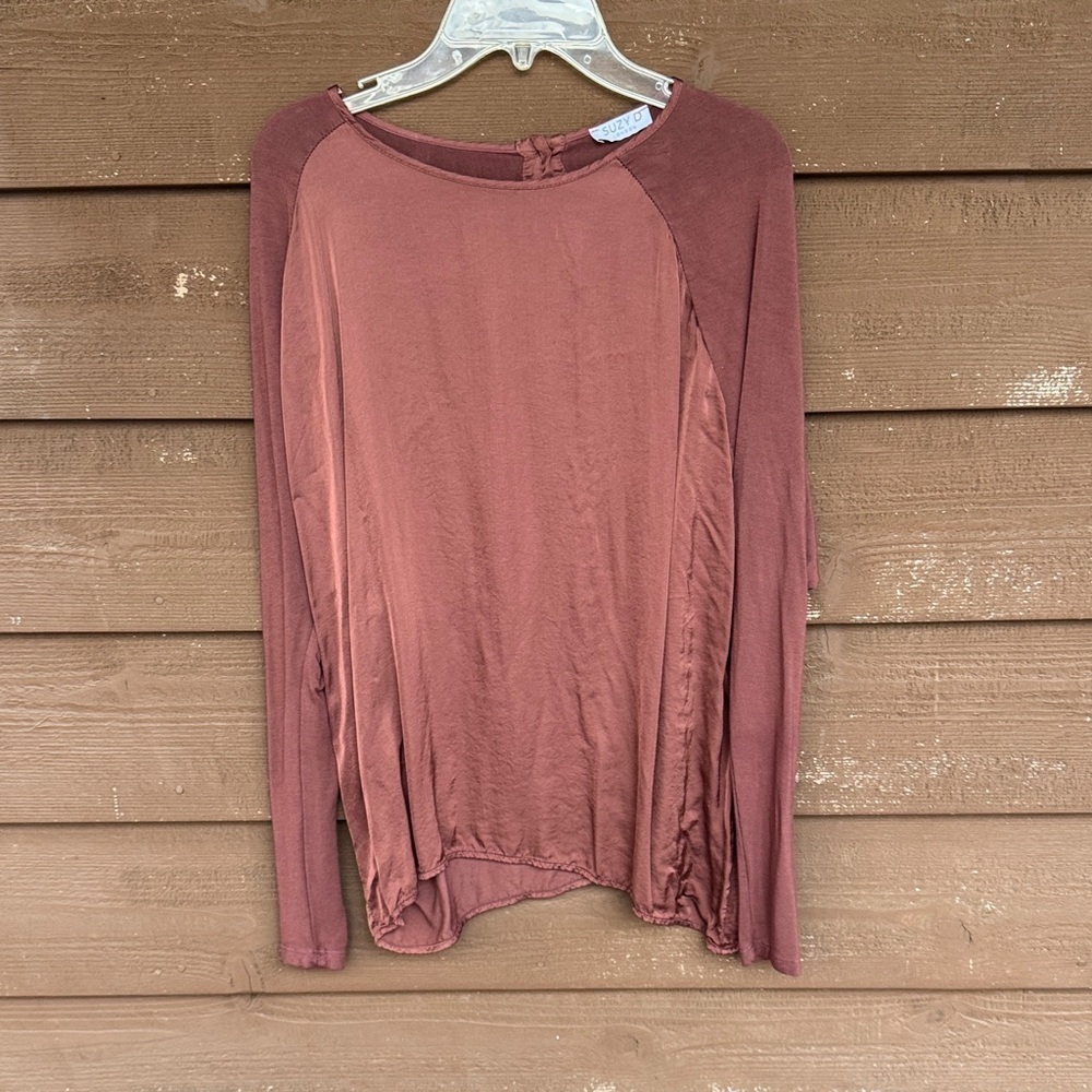Suzy D Brown Satin Long Sleeve Top Made in Italy size Small - Picture 1 of 5